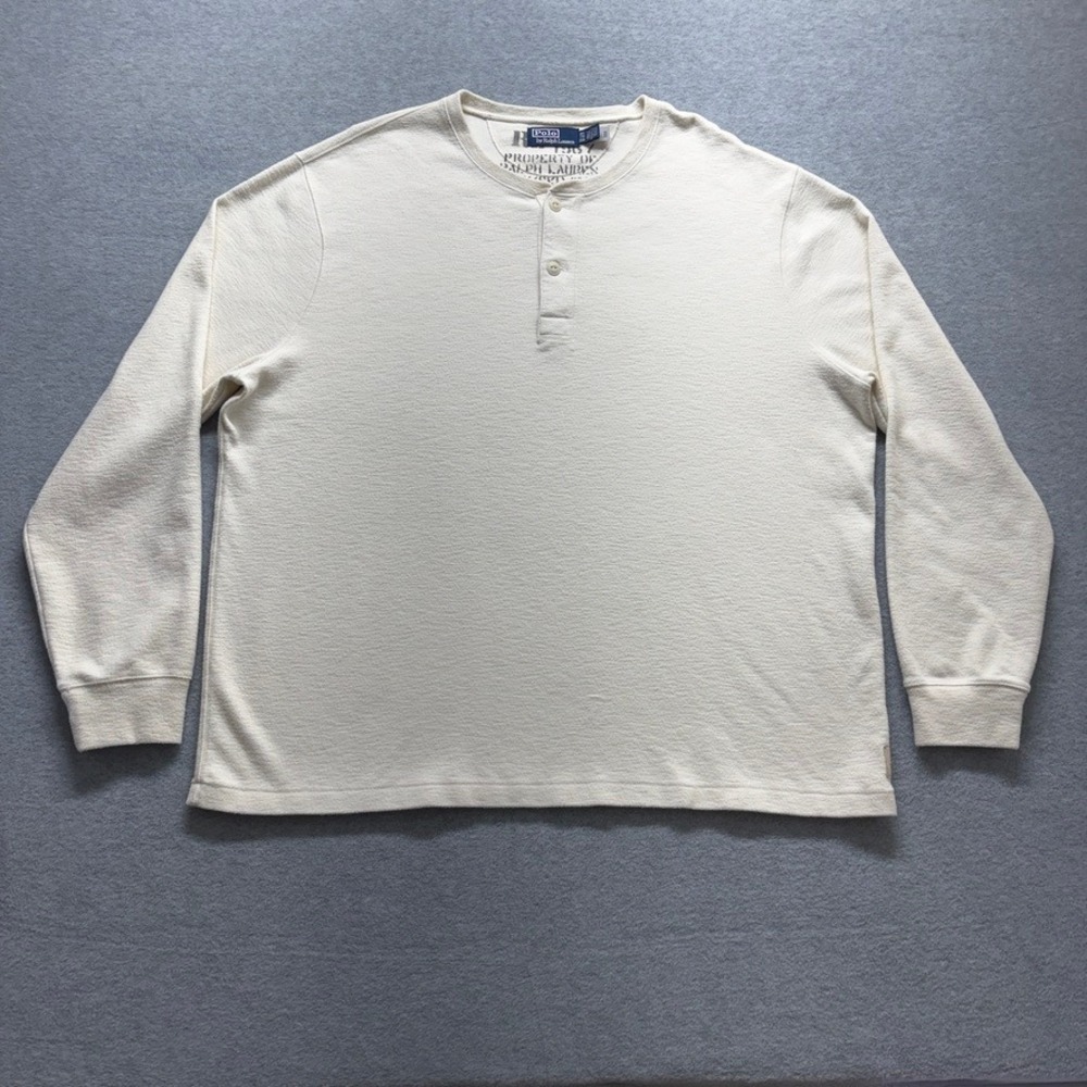 Polo Ralph Lauren Mens 2XL Cream Slub Cotton Long Sleeve Henley Shirt PRLC Patch